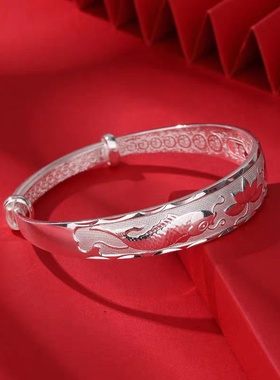 双鱼莲花银手镯女镀银推拉实心时尚镯子妈妈款银饰送老年人银镯