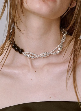 韩国小众设计感项链女黑色玛瑙银色串珠缠绕颈链女新款