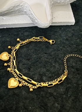 欧美配饰夸张嘻哈风手链双层叠链爱心吊坠时尚不锈钢镀金项链