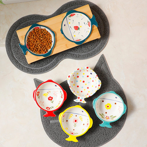 猫碗竹架手彩陶瓷双碗宠物碗保护颈椎猫食盆猫咪粮碗狗盆饮水狗碗