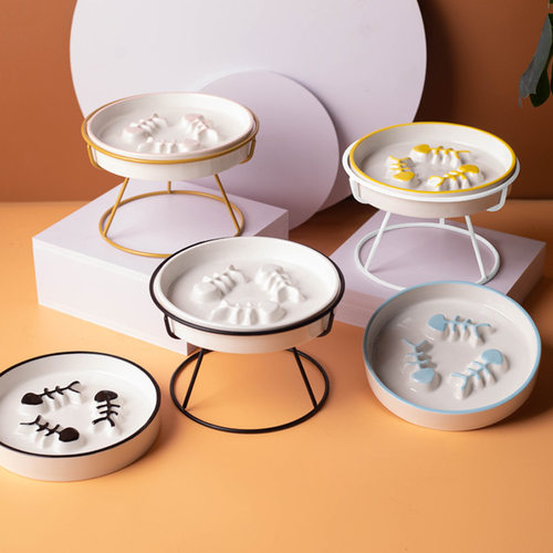 猫碗陶瓷慢食盘碗缓食防噎碗粮碗高脚保护脊椎防黑下巴猫咪碗狗碗