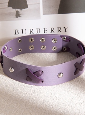 欧美紫色朋克个性交叉项圈 重工皮革可调节甜酷风时尚锁骨链