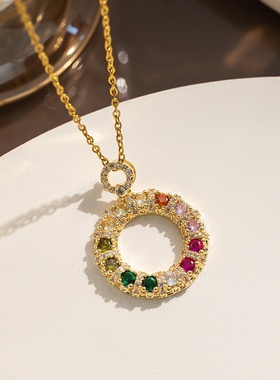 欧美彩钻甜甜圈钛钢项链女网红彩色锆石轻奢感吊坠气质锁骨链