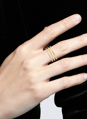 新款镂空三层齿轮微镶钻菱形指环戒指 韩国时尚潮女钛钢带