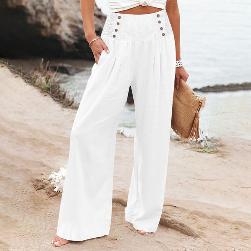 High waist button pleated wide leg pants高腰纽扣抽褶阔腿长裤