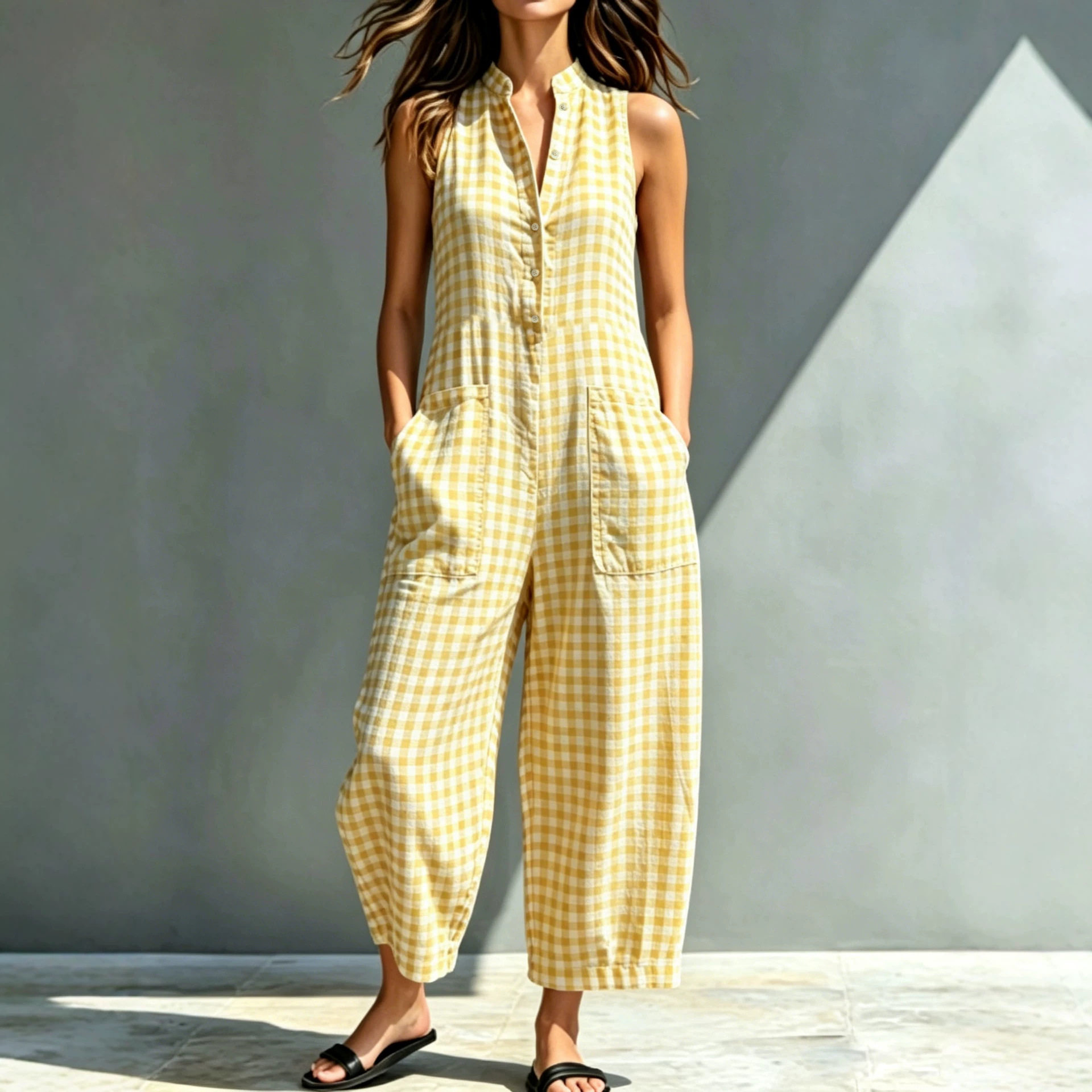 优雅无袖立领格纹女中腰口袋连体衣 Women's sleeveless jumpsuit