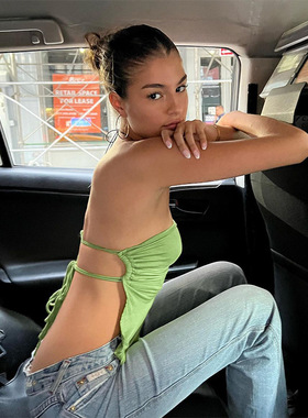 Solid color backless tie-on bodice纯色露背修身系带抹胸上衣女
