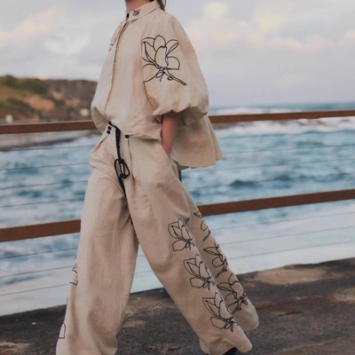 Vintage print shirt and trouser suit复古印花宽松衬衣长裤套装