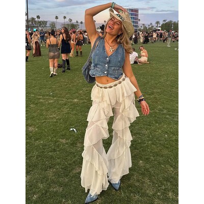 纯色丝带拼接荷叶边微喇裤 Splicing ruffled micro flared pants