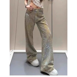 hot Full diamond straight jeans 满烫钻石直筒阔腿牛仔裤 leg 女