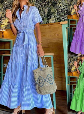 Ladies' striped short sleeve loose dress条纹短袖宽松连衣裙女