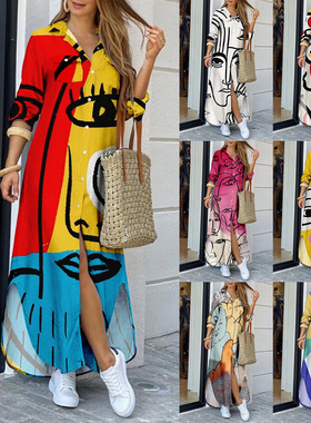 Long-sleeved print shirt dress woman    长袖印花衬衣连衣裙女