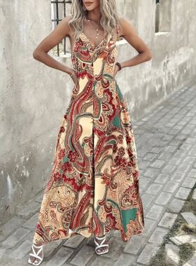 Casual print slip piece wide leg pants休闲印花吊带连体阔腿裤