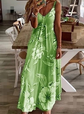 Print slim susplong dress woman    印花修身吊带连衣长裙女