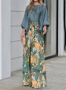 Casual print loose wide-leg pants suit休闲印花宽松阔腿裤套装