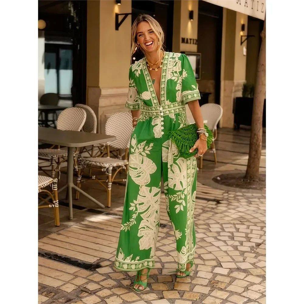 Printed V-neck short-sleeved jumpsuit    印花V领短袖连体长裤