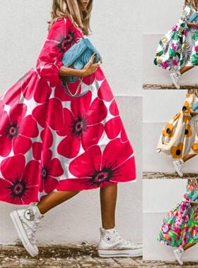 Casual round collar loose print dress 休闲圆领宽松印花连衣裙