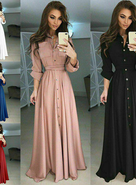 Solid color button plus-size long dress 纯色纽扣大码连衣长裙