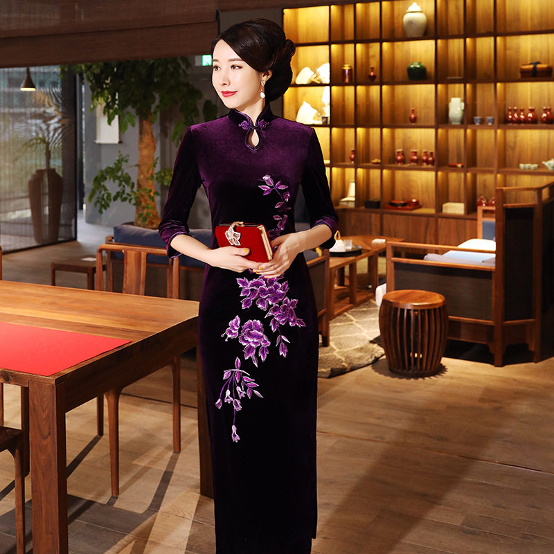 复古绣花大码长款旗袍女