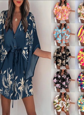 Casual V-neck print lace-up dress  休闲V领印花系带连衣裙女