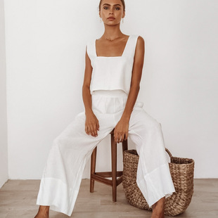 A ual loose sleeveless trouser suit 休闲宽松方领无袖长裤套装