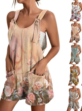 Casual V-neck printed strap jumpsuit   休闲V领印花吊带连体裤