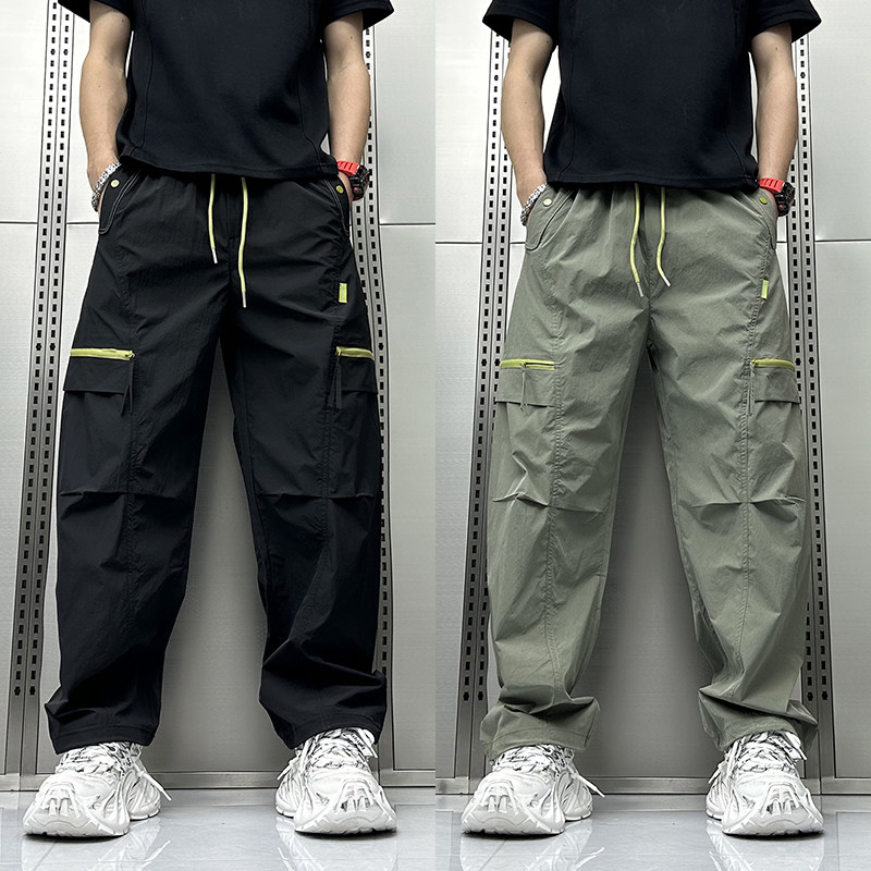 工装风拉链口袋拼色阔腿裤男2026夏季新款宽松拼接速干休闲运动裤
