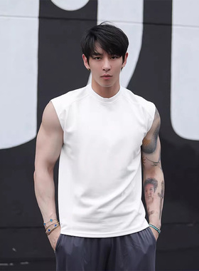 白色男士t恤夏坎肩健身运动休闲外穿男式上衣宽肩显拼接背心大码
