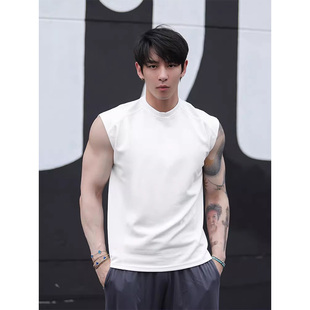 上衣宽肩显拼接背心大码 白色男士 t恤夏坎肩健身运动休闲外穿男式