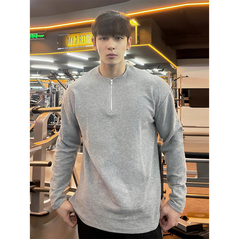 长袖美式休闲半拉链华夫格