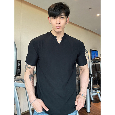 男士纯色V领T恤打底百搭上衣