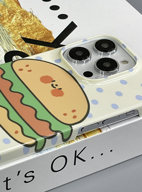 白色可爱斑点汉堡包手机壳适用于iPhone14Promax半包菲林壳12/13亮面不包按键7/8卡通x/xsmax可爱情侣壳男女