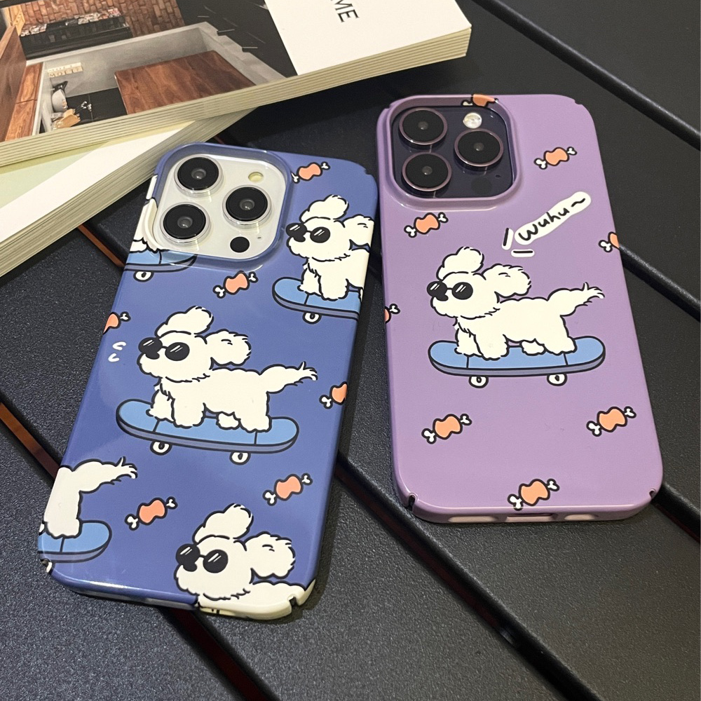 卡通绘画风滑板蓝色狗狗适用iPhone11/6/15Promax情侣12/13mini半包亮面壳7/8紫色狗狗X/XS/XR可爱防摔保护套