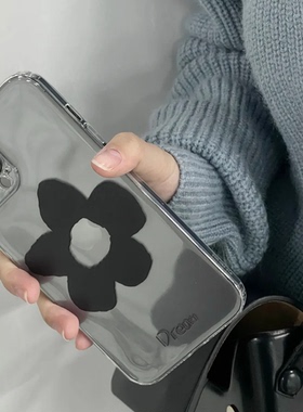 日韩ins风黑色花朵适用于苹果15/14/13/12/11promax简约高级感天使眼小米11/12/13/14ultra全包透明保护软壳