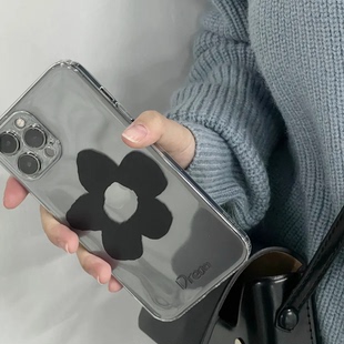 11promax简约高级感天使眼小米11 日韩ins风黑色花朵适用于苹果15 14ultra全包透明保护软壳