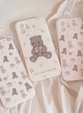 原创可爱兔熊适用于苹果14Promax手机壳13IMD精孔12软妹11甜甜7/8印花x/xs卡通菲林全包壳一加9AT/ace