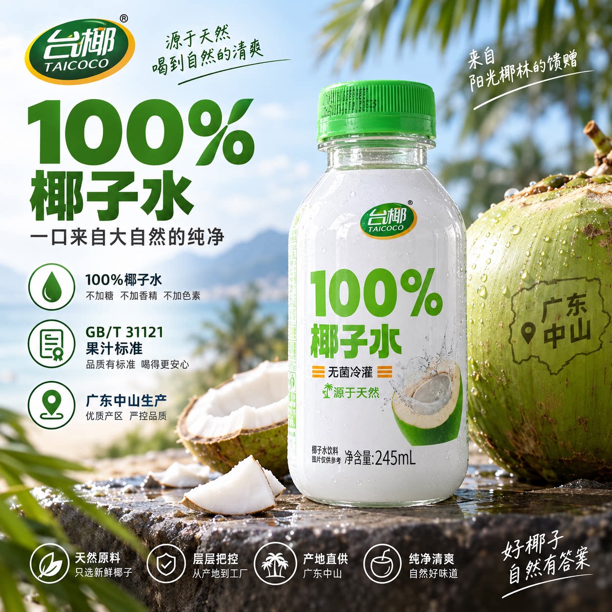 台椰100%椰子水245ml瓶装解腻