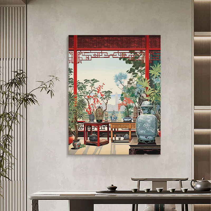 新中式青花瓷客厅餐厅装饰画中国风花瓶手绘油画植物花卉玄关挂画图片