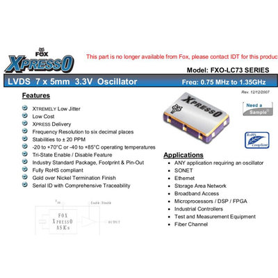 LVDS 差分贴片晶振 FOX FXO-LC735R-250 250MHZ 250M 250.000MHZ