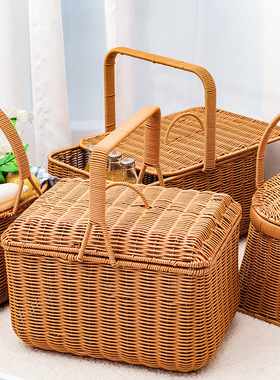 仿藤塑料编织提手方形野餐篮PP仿藤篮购物篮菜篮采摘果篮子果蔬篮