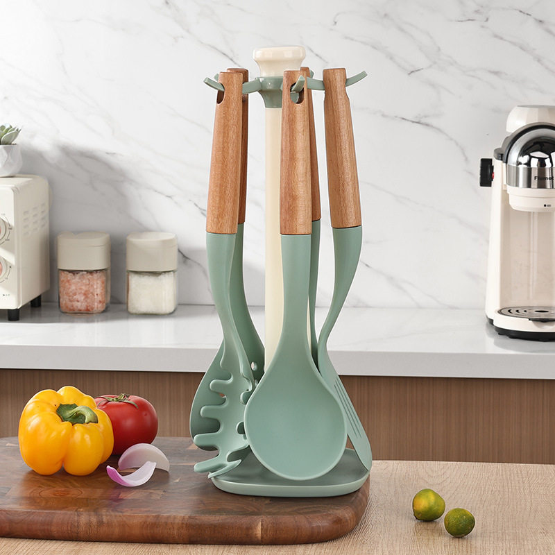 厨房用品硅胶木柄欧式不粘锅烹饪硅胶锅铲6件套蓝色耐温厨具套装