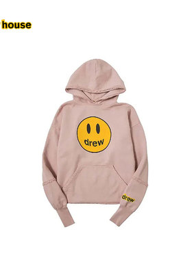 drew house mascot笑脸连帽拼接美式拉绒卫衣灰粉色男女同款