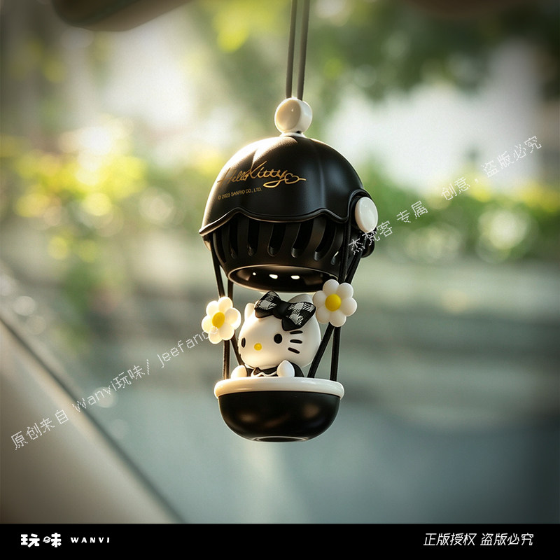 玩味kitty车挂车载香薰可爱饰品热气球汽车玩偶女生后视镜挂件