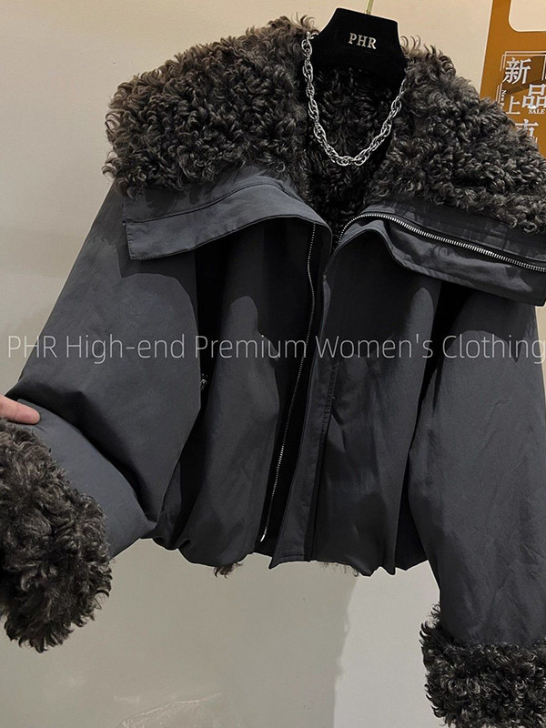 欧货2025年冬装新款大翻领羊羔毛棉服棉衣女短款加厚派克服外套女