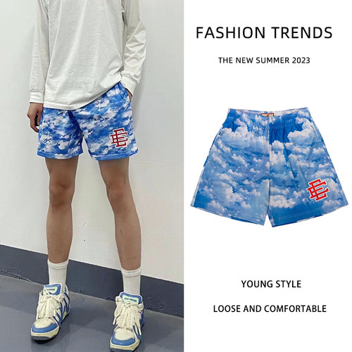 美式EE潮牌短裤扎染白云四分裤