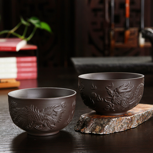 紫泥个主人品茗杯单杯 紫砂龙凤功夫茶杯 茶碗茶盏紫砂杯大口杯子