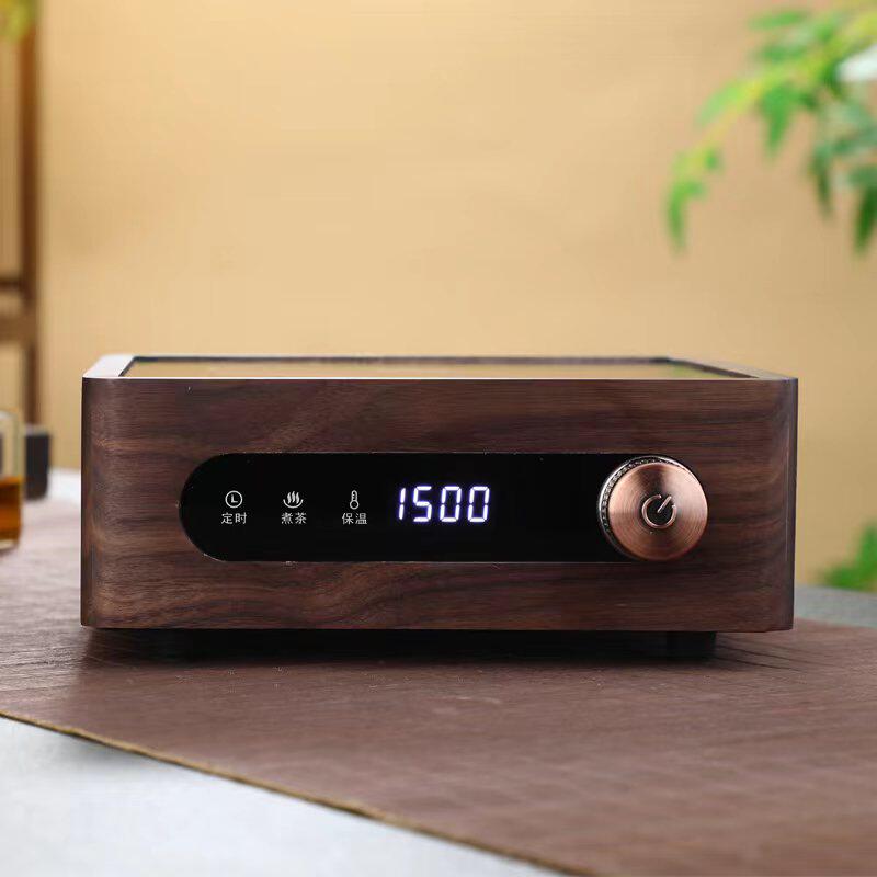 新款翊博胡桃木电陶炉加厚玻璃煮茶壶烧水泡茶蒸汽器实木煮茶炉