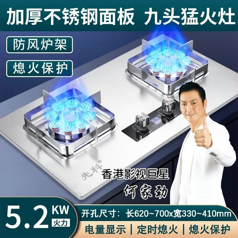 先科燃气灶双灶煤气灶双灶天然气家用大面板不锈钢猛火双灶燃气灶