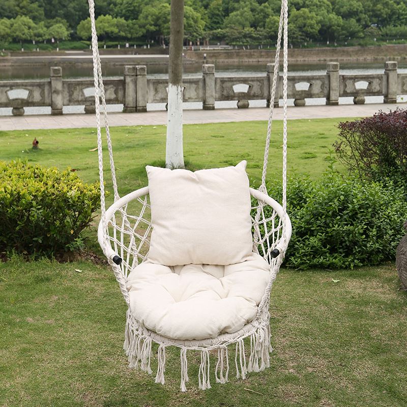 三佳新款户外吊椅北欧风庭院秋千棉绳编织网吊篮秋日露营流苏吊床
