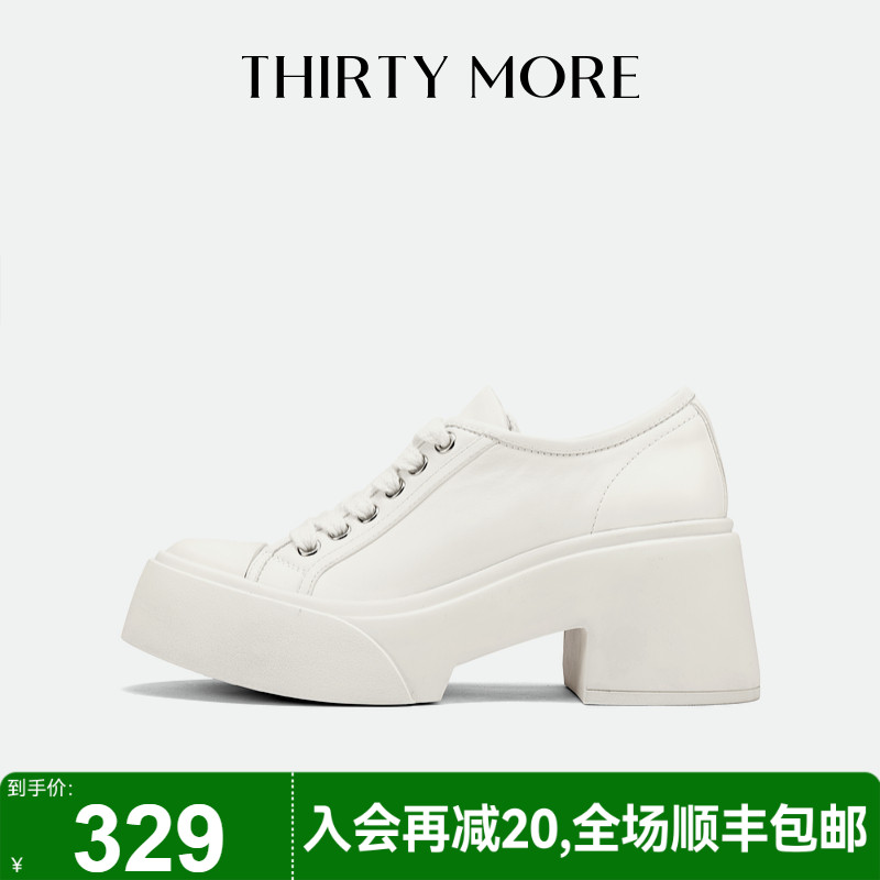 Thirty More粗跟休闲鞋女2025春季新款系带百搭增高女鞋复古单鞋